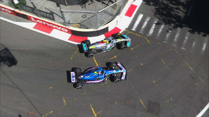 2022 Azerbaijan Grand Prix: Hamilton squeezes past Ocon at Turn 3