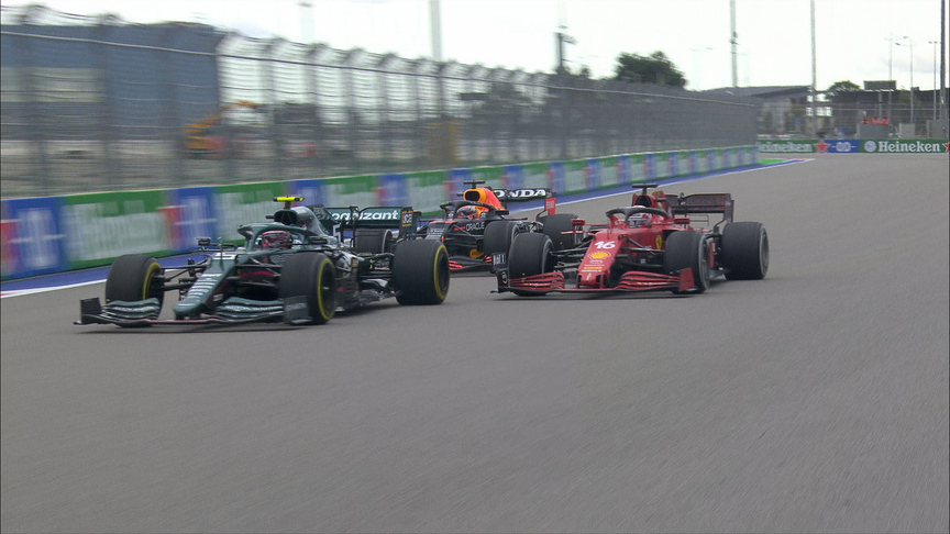 2021 Russian Grand Prix: Verstappen and Leclerc almost touch in thrilling three-way battle with Vettel