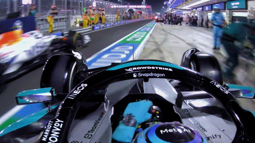 2025 Qatar Grand Prix: Russell just avoids Lawson as a host of cars pit on Lap 33