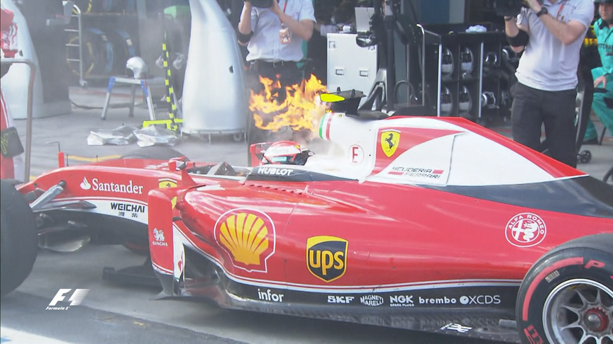 Race: Raikkonen retires with flames pouring from his Ferrari