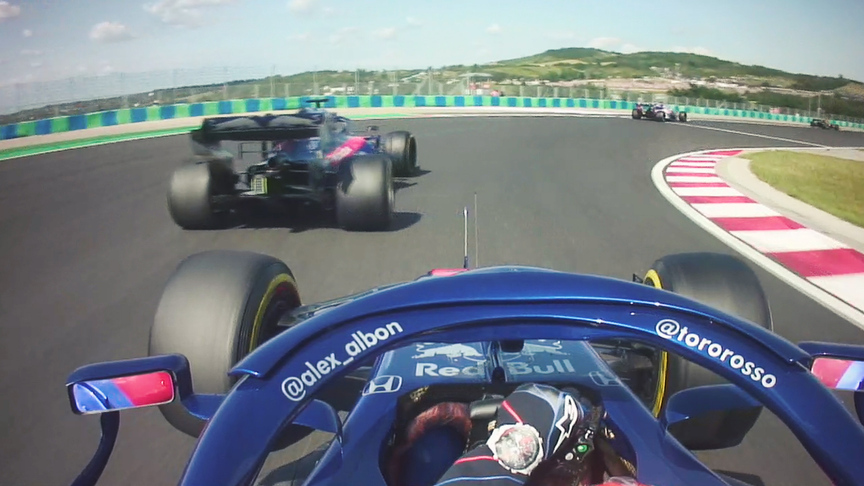 HUNGARIAN GP: Kvyat and Albon battle around the Hungaroring.