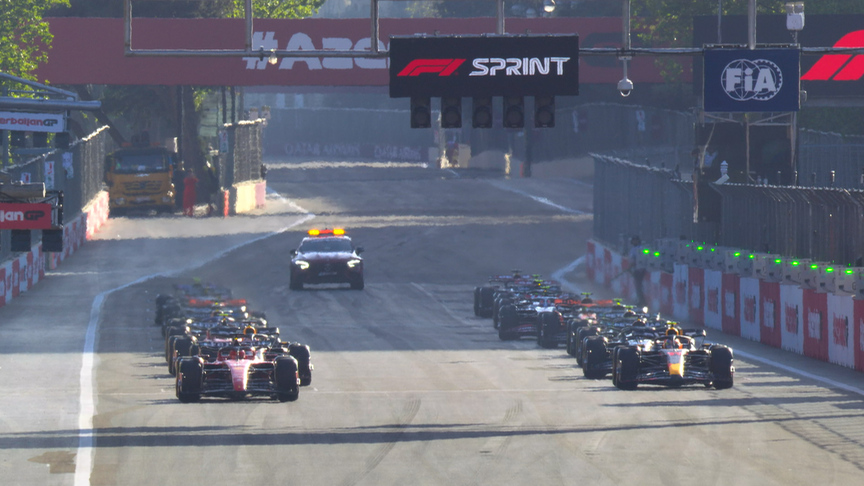 2023 Azerbaijan GP Sprint: Russell jumps Verstappen for P3 as Leclerc keeps the lead at the start in Baku