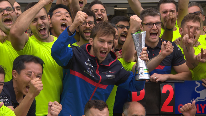 Pierre Gasly celebrates first F1 podium finish