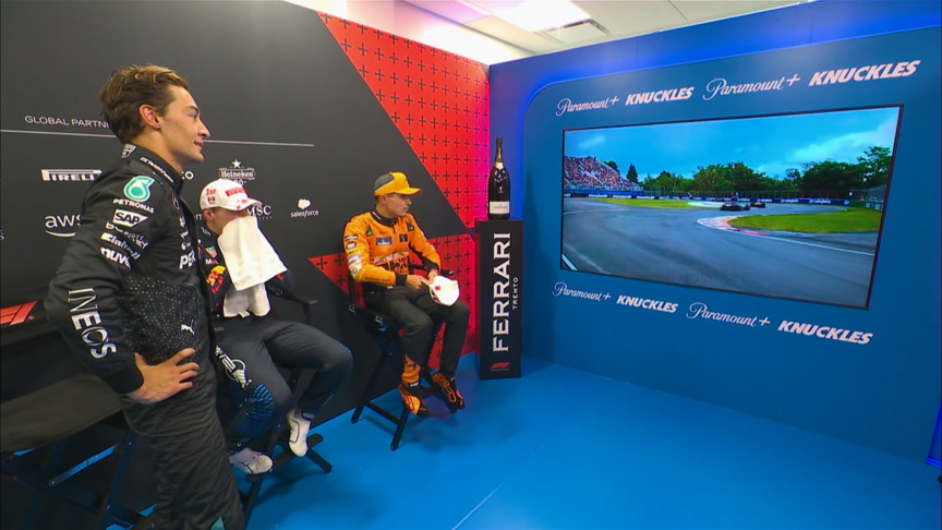 2024 Canadian Grand Prix: Listen in to the chat from the top three drivers in the cool-down room after the race