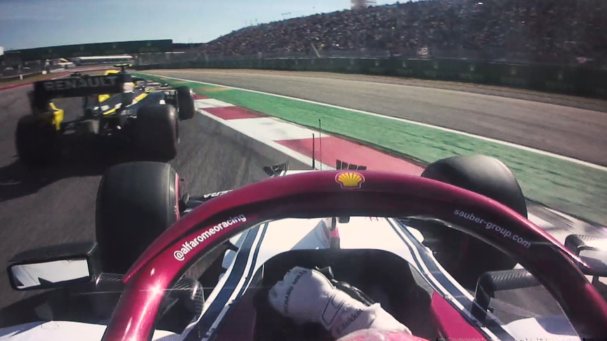 US GP: Onboard as Hulkenberg passes Raikkonen off-track